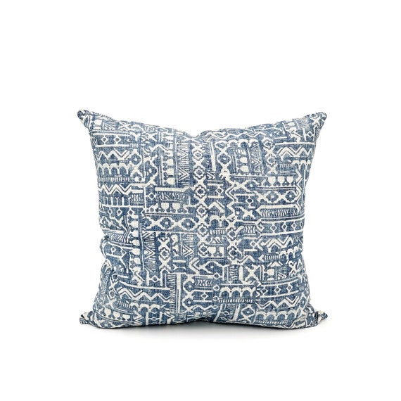 Designer Pillow Printed Linen Cotton Denim Pillow Blue | Etsy