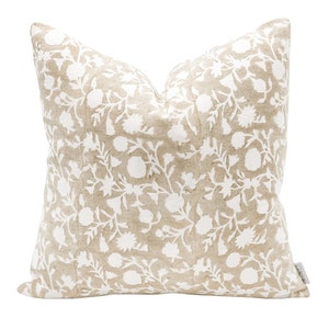 Designer Floral Tan Beige on Off White Linen Pillow Cover, Tan Pillow cover, Boho Pillow, Neutral Pillow Cover, Floral pillow cover image 3