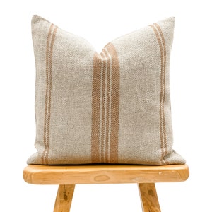 Vintage Pillow Antique Authentic European Grain sack Pillow caramel stripes Decorative pillow cover | Lumbar Pillow Cushion