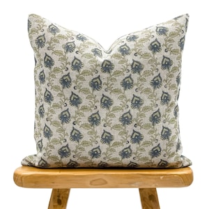 Designer Blue green Floral Design on Natural Linen Pillow Cover, Green and Blue Pillow cover, Boho Pillow, Farmhouse Pillow, Floral pillow