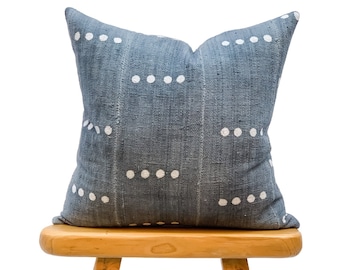 Grey Mudcloth Pillow Cover 20x20, White abstract on blue/grey Pillow Cover, Authentic Throw Pillow, Cushion Cover, African Pillow