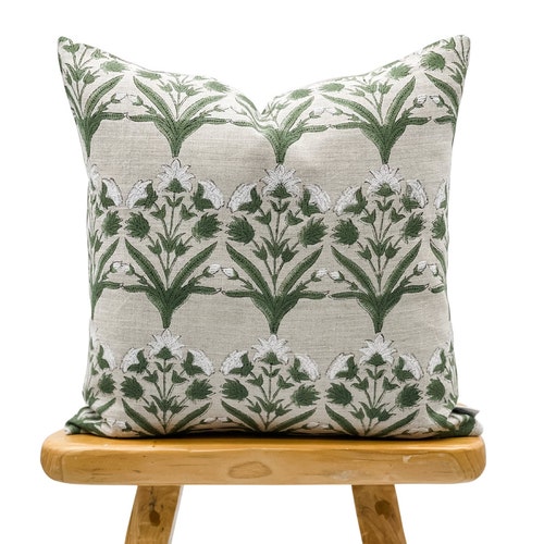 Designer Floral Sage Green on Natural Linen Pillow Cover Sage Etsy
