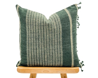 Vintage Indian Wool Pillow Cover, Green Wool Pillow, Green and Yellow Pillow Cover 22x22, Farmhouse pillow, High End pillow