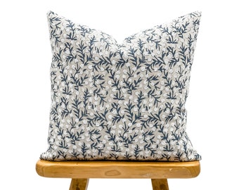 Designer Floral Print on Natural Linen Pillow Cover, Indigo Blue  and White Pillow cover, Boho Pillow, Floral Throw pillow cover
