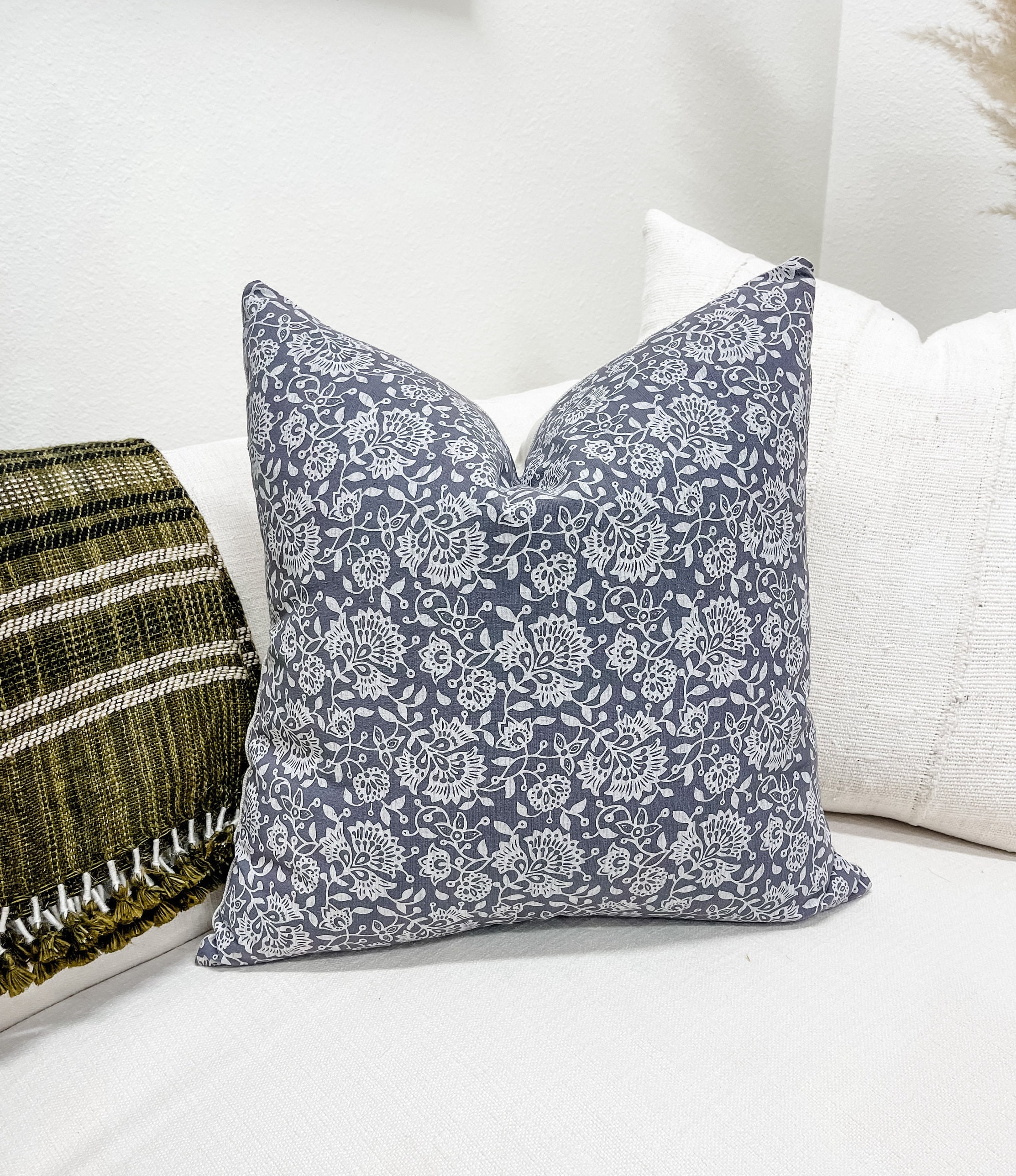 Designer Floral Pillow Cover in Blue Grey Accent Floral 