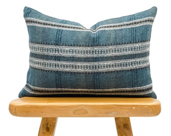 Lumbar Pillow Cover, Indian Wool Pillow Cover, Teal Blue Wool Pillow, Blue striped Pillow Cover 14x20, Lumbar Pillow 14x20, Farmhouse pillow