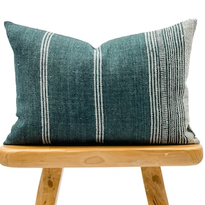 Lumbar Pillow Cover 14x20, Indian Wool Pillow Cover, Teal Green Wool Pillow, Teal with White Stripes Pillow Cover, Farmhouse pillow