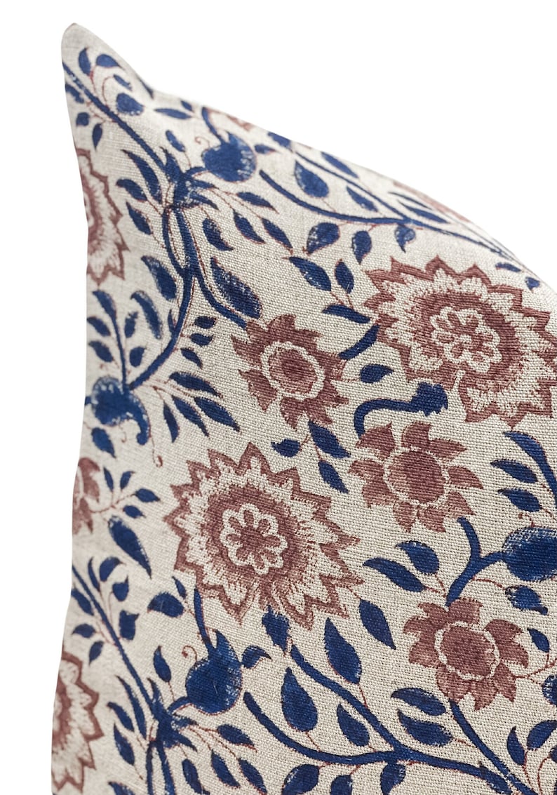 Designer Floral on Natural Linen Pillow Cover // Indigo Blue Etsy