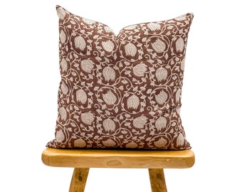 Designer Floral Terra Cotta Burgundy on Natural Linen Pillow Cover, Dark Terra Cotta Pillow cover, Boho Pillow, Fall Decor, Floral pillow