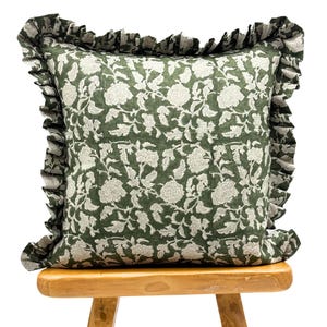 Designer Olive Green Floral on Natural Linen Pillow Cover, Dark Green Pillow, Ruffled Pillow, Farmhouse Pillow, Floral Block printed pillow