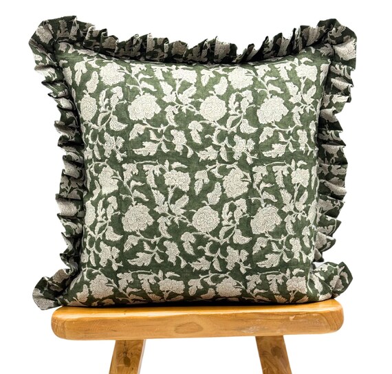 Designer Olive Green Floral on Natural Linen Pillow Cover, Dark