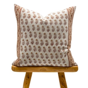 Designer Terra Cotta And Tan Floral Design on Natural Linen Pillow Cover, Rust Floral Pillow cover,  Farmhouse Pillow, Floral pillow