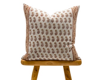 Designer Terra Cotta And Tan Floral Design on Natural Linen Pillow Cover, Rust Floral Pillow cover,  Farmhouse Pillow, Floral pillow