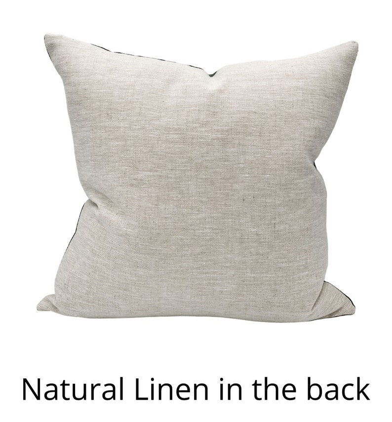 May include: A square, neutral-toned linen pillow with a textured appearance. The pillow has a dark trim and the text "Natural Linen in the back" at the bottom. The pillow is likely for home decor.