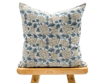 Designer Floral Teal Blue With Mustard on Natural Linen Pillow Cover, Teal Pillow cover, Decorative Throw Pillow, Floral pillow cover