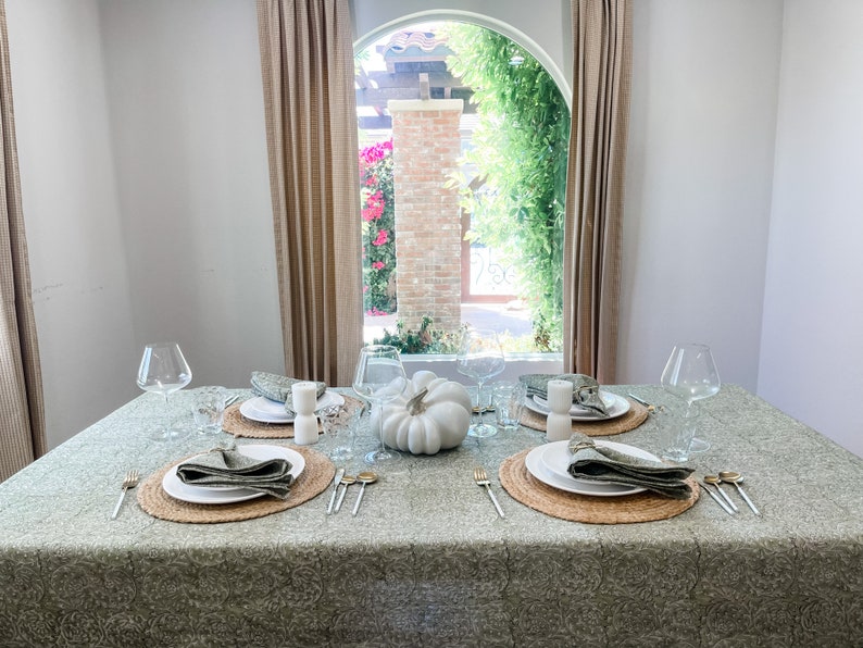 Light Olive Green Floral Design on Natural Linen Table Cover, Neutral Table Linen, Fall Decor Tablecloth, Floral Table linen in Light Green image 3