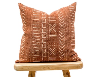 Authentic African Pillow, Handwoven Mudcloth Pillow, Rust with Cream Abstract pattern Pillow Cover| Throw Pillow cover, Sofa Cushion 20x20