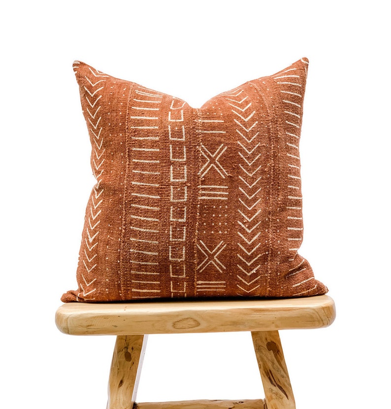 Authentic African Pillow, Handwoven Mudcloth Pillow, Rust with Cream Abstract pattern Pillow Cover Throw Pillow cover, Sofa Cushion 20x20 image 1