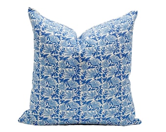 Designer Blue on Off White Linen Pillow Cover, Blue Floral Pillow cover, Boho Pillow, Modern Farmhouse Pillow, Light Blue Floral pillow