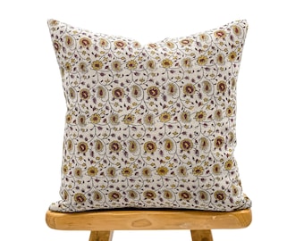 Mustard Yellow and Burgundy Floral Design on Natural Linen Pillow Cover, Yellow and Red Pillow cover, Boho Farmhouse Pillow, Floral pillow