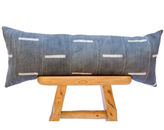 Extra long Bolster Pillow, African Mudcloth Pillow Cover, Extra Long Lumbar Pillow, Long Blue grey and white Cushion, Pillow cover 14x36