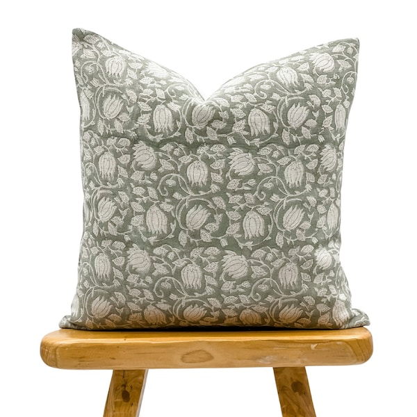Designer Grey Green Floral Design on Natural Linen Pillow Cover, Sage Green Pillow cover, Boho Pillow, Farmhouse Pillow, Floral pillow