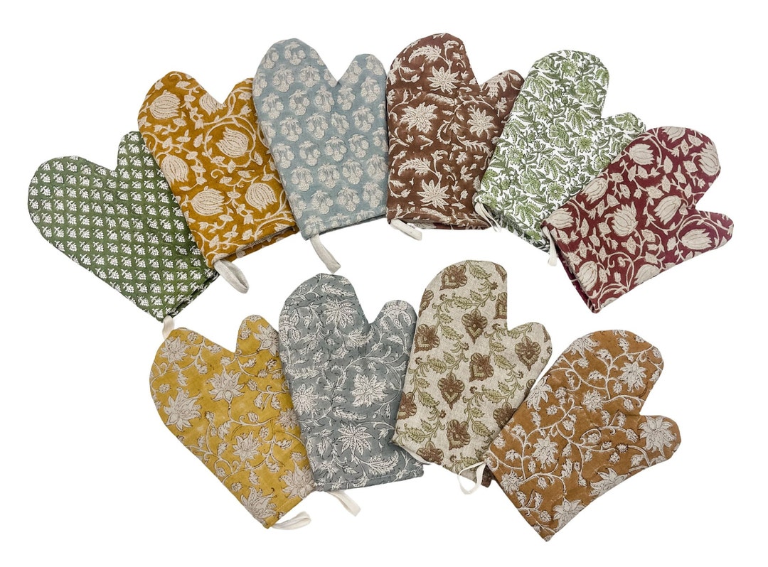 Linen Oven Glove, Floral Oven Mitt, Block Printed Linen Kitchen Glove ...