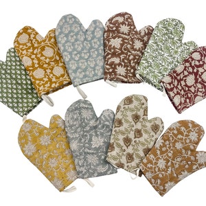 Linen Oven Glove, Floral Oven Mitt, Block Printed Linen Kitchen Glove with heat insulation, Protective cooking glove, Farmhouse Kitchen