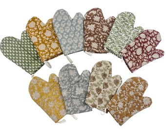 Gants de cuisine en lin, mitaines de cuisine fleuries, gants de cuisine en lin imprimés blocs avec isolation thermique, gant de cuisine protecteur, cuisine de ferme