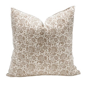 Designer Floral Pillow Cover in Tan Beige, Neutral Floral Pillow cover, Farmhouse Pillow, Decorative Throw Pillow, Beige cream Pillow