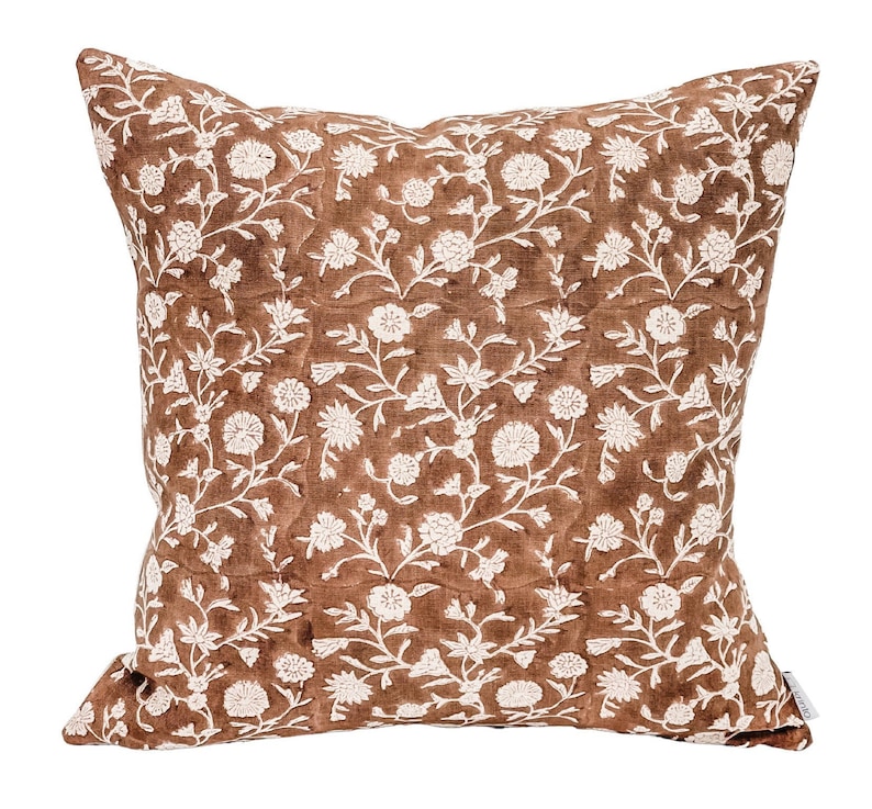 Designer Floral Terra Cotta Brown on Natural Linen Pillow Etsy