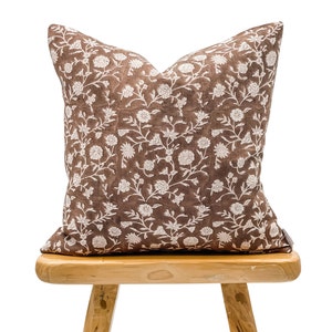 Designer Floral Terra cotta Brown on Natural Linen Pillow Cover, Brown Pillow cover, Boho Pillow, Decorative Pillow, Floral pillow cover