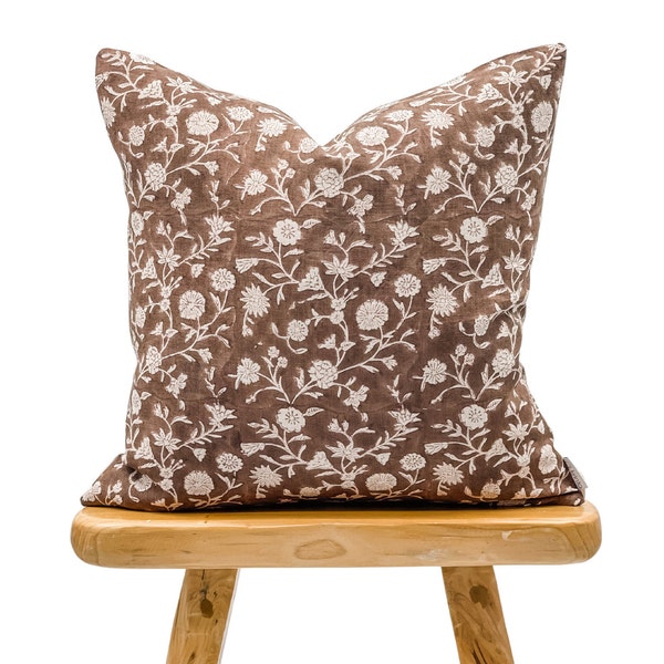 Designer Floral Terra cotta Brown on Natural Linen Pillow Cover, Brown Pillow cover, Boho Pillow, Decorative Pillow, Floral pillow cover