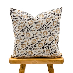 Designer Floral Mustard and Black on Natural Linen Pillow Cover, Black and mustard Pillow, Farmhouse Decorative Throw Pillow, Floral pillow