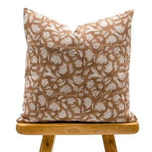 Designer Tan Brown Floral Design on Natural Linen Pillow Cover, Light Brown Pillow cover, Boho Pillow, Farmhouse Pillow, Floral pillow