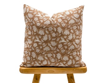 Designer Tan Brown Floral Design on Natural Linen Pillow Cover, Light Brown Pillow cover, Boho Pillow, Farmhouse Pillow, Floral pillow
