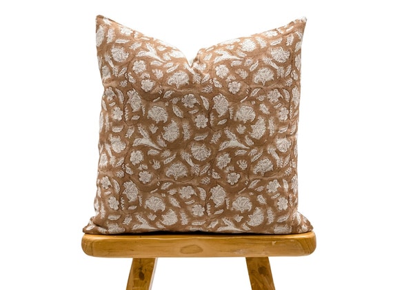 Designer Tan Brown Floral Design on Natural Linen Pillow Cover, Light Brown Pillow cover, Boho Pillow, Farmhouse Pillow, Floral pillow