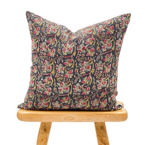 Black and Coral Floral Design on Natural Linen Pillow Cover, Black and Red Pillow cover, Boho Pillow, Farmhouse Pillow, Floral pillow