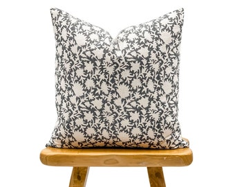 Designer Floral Pillow Cover in Charcoal grey, Accent Pillow cover, Boho Pillow, Decorative Throw Pillow for Fall, Farmhouse Pillow