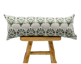 Designer Flowers on Natural Linen Pillow Cover, Green and White Pillow, Boho Pillow, Decorative Throw Pillow, Floral pillow, Long pillow
