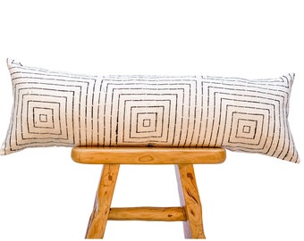 Extra Long Lumbar Pillow, African Pillow, White Mudcloth Pillow, White and Black Pillow Cover 14x42, Bolster Pillow, Farmhouse pillow