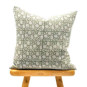Designer Floral Olive Green on Natural Linen Pillow Cover, Green Pillow cover, Boho Pillow, Decorative Throw Pillow, Floral pillow cover