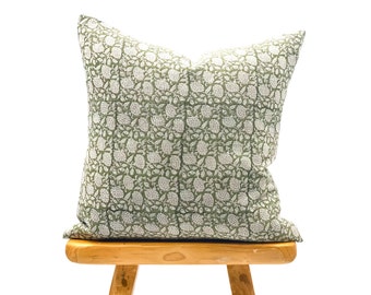 Funda de almohada de lino natural con diseño floral verde oliva, funda de almohada verde, almohada bohemia, almohada decorativa, funda de almohada floral
