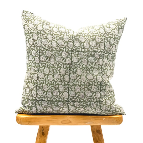 Designer Floral Olive Green on Natural Linen Pillow Cover, Green Pillow cover, Boho Pillow, Decorative Throw Pillow, Floral pillow cover
