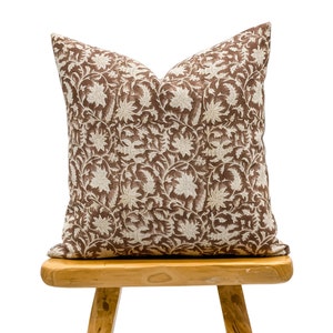 Designer Floral Umber Mustard on Natural Linen Pillow Cover, Brown Pillow cover, Boho Pillow, Decorative Throw Pillow, Floral pillow cover