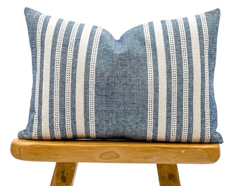Blue and White Pillow Cover, 14x20 Pillow Cover Lumbar, Blue Ticking Stripe Pillow Cover, Handwoven Pillow Blue, White and Blue Pillow