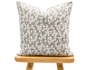 Designer Warm Beige Floral Design on Natural Linen Pillow Cover, Beige and White Pillow cover, Boho Pillow, Farmhouse Pillow, Floral pillow