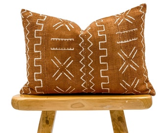 Authentic African Pillow, Handwoven Mudcloth Pillow Rust with Cream Abstract pattern Pillow Cover|Lumbar Pillow, Throw Pillow Cover, Cushion