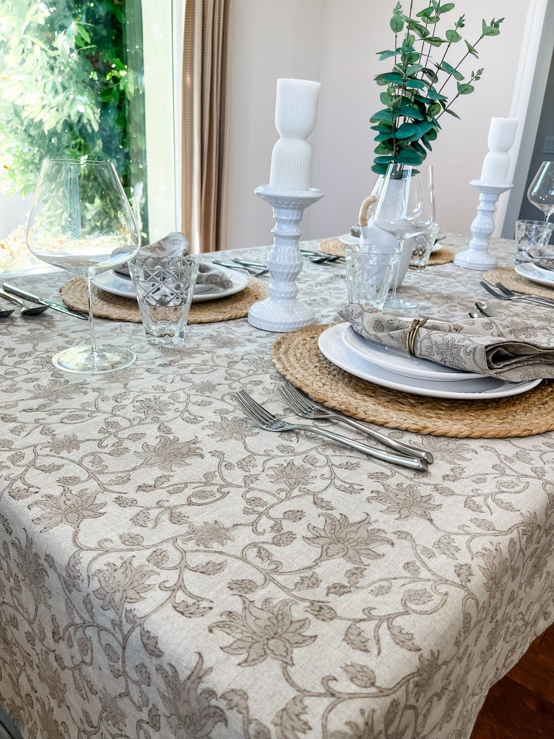 Designer Grey Beige Floral Design on Natural Linen Table Cover, Table