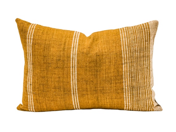 Mustard Yellow Grey White Striped Lumbar Pillows Linen Textured